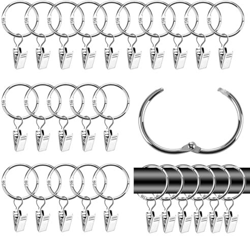 ALLisWE 40 Stück Vorhangringe mit Clips 32mm Metall Gardinenringe zum öffnen Silber Vorhang Hängend Ringe für Duschvorhänge Gardinenringe mit Vorhang Clips für Fenster Tür Duschvorhänge Buchringe