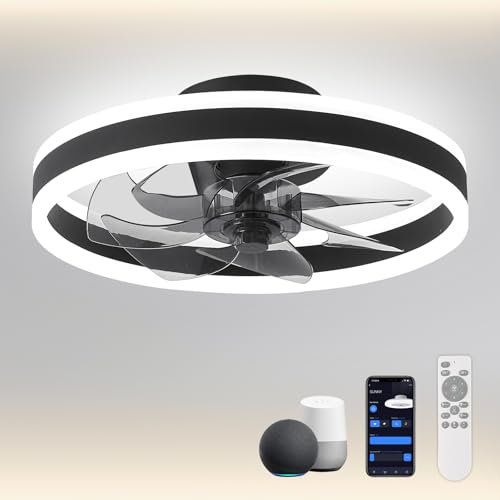 CHANFOK 16'' Smart Ceiling Fans with Lights Compatible with Alexa and Google Assistant, Low Profile Ceiling Fan with Light and Remote, APP Control, 6-Speed Reversible Blades for Bedroom (Black)