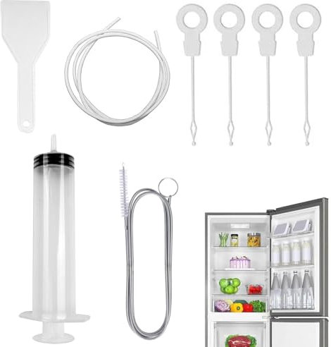 Kit Pulizia Frigorifero,8 pezzi Accessori Pulizia Frigorifero,1.5mSpazzolas di pulizia del foro di scarico del frigo,Con Siringa,Tubo,Raschietto, Insertis di Foro di Scarico,Per Frigorifero lavello