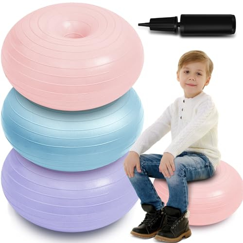 Lewtemi 3 asientos flexibles para aula, sillas de pelota de yoga primaria para niños, silla de bola de ejercicio de dona, pelota de yoga inflable con inflador para sillas de escritorio de estudiantes,