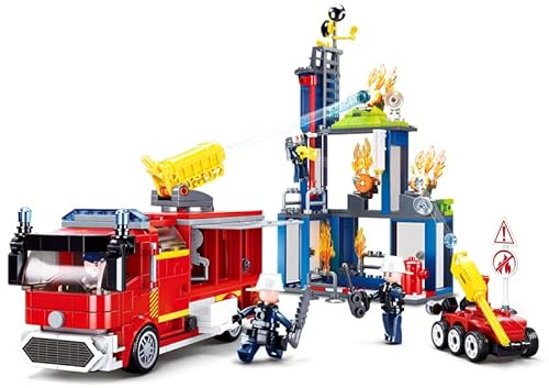 Sluban City Fire Training Set, Fire Rescue Building Set with 4 Fireman Minifigures & Fire Truck, Compatible with Lego City Fire Station Set, Building Toys Gifts for Boys Aged 6-12, 585 PCS
