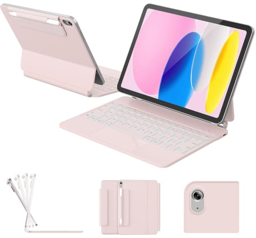 RAYMCRAFT for iPad 11th(A16, 2025)/10th Generation Case with Keyboard, Magic Keyboard 2022, Springy Backlit Keys, Stain-Resistant Surface, Multi-Touch Trackpad,Pink