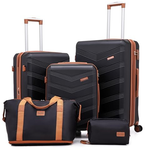 CONCEPTEN Expandable Luggage Sets 5 Piece, Hard Case Suitcase Set with Spinner Wheels,22x14x9 Airline Approved Carry on,Lightweight Durable Suitcase with TSA Lock (Black)