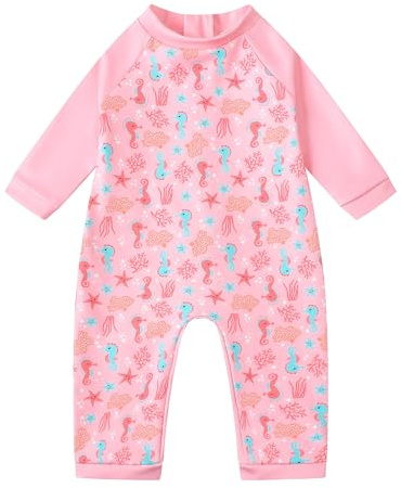 Ewbob Baby Swimming Warm Suit Girls Swimming Costume Long Sleeve Sun Protection Rash Guard Zipper Toddler Girls One Piece Swimsuit Bathing Suits Wetsuit(C12-008)-Pink Seahors-2-3Y