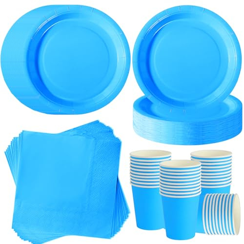 120 Piezas Azul Cielo vajilla desechable cumpleaños para 40 Invitados | 18 cm platos carton, vasos de papel, servilletas, baby shower niño, ceremonia de nombre, fiesta de verano.