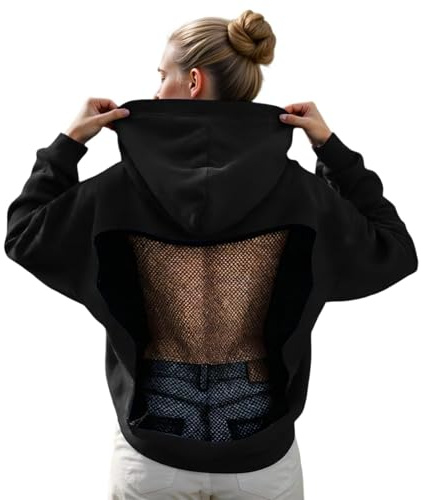 Elegante sudadera con capucha con espalda de malla ventilada: jersey ligero e informal con paneles de malla transparente y corte moderno