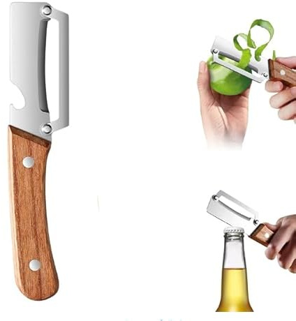Pelador De Verduras Multifuncional 2 En 1 Apto Para Patatas Caña De Azúcar Cuchillo Y Raspador De Cocina Mango De Madera Antideslizante Con Abridor De Botellas Incorporado