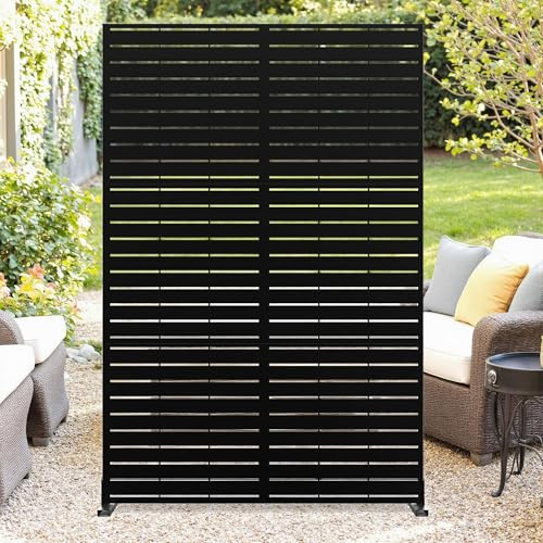 Self-Standing Metal Garden Screen 120x183cm with Base, Exterior Privacy Divider Panel for Terrace, Courtyard or Balcony, Ornamental Cut-Out Pattern for Wind Shield & Seclusion, Anti-Corrosion Black