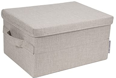 BIGSO kleine Aufbewahrungsbox mit Deckel und Griff – Schrankbox aus Polyester und Karton in Leinenoptik – Faltbox für Kleidung, Accessoires, Spielzeug usw. – beige