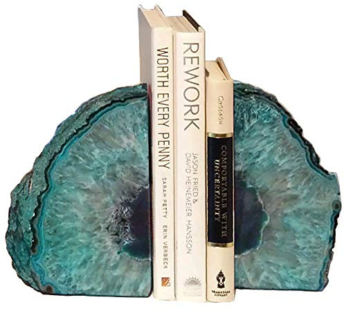 AMOYSTONE Agate Geode Bookends Heavy Duty Stone Book Ends Decorative Bookend Holder Home Office Decor with Rubber Bumpers Teal 1 Pair, 2-3 LBS