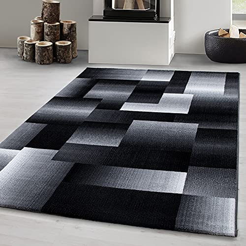 Carpetsale24 Kurzflor Teppich 80x150 cm, Modern Abstrakt Kariert in Schwarz Grau Weiß, Pflegeleicht, ideal für Flur, Küche oder kleine Räume