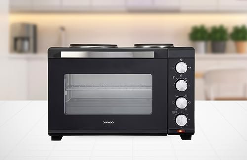 Daewoo Mini Countertop Electric Cooker, 42 Litre Oven And Grill With Hot Plates, 100-230° Adjustable Heat Settings, 90 Minute Timer And Indicator Light. Accessories Included
