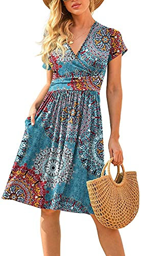 CLOUSPO Damen Sommerkleider Kurzarm Elegant V-Ausschnitt Boho Strandkleider Knielang Rüsche Retro Casual A-line Freizeit Kleider mit Taschen(Blumen D, L)