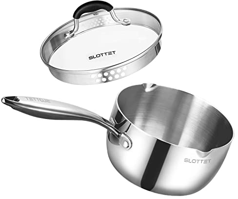 SLOTTET Tri-Ply Whole-Clad Stainless Steel Sauce Pan with Pour Spout,2.5 Quart Small Multipurpose Pasta Pot with Strainer Glass Lid, Saucepan for Cooking with Stay-cool Handle.