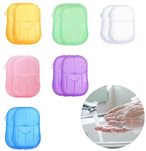 KOMUNJ 12 Boxen Seife Papier Seifenblätter, 240 Stück Einweg Papier Seife Tragbar Paper Soap mit Kunststoffbox ür Unterwegs Reisen Camp (6 Farben)