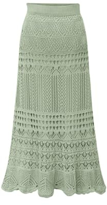 chouyatou Women's Stretched High Waist Crochet Hollow Out Knit Flowy Patterned Lace Maxi Skirt (Small, Green)