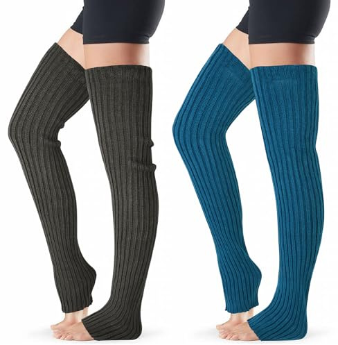 XEPST 2 Paires Jambière Femmes, Guêtres Femme Genouillères Tricotés Stocking d'Hiver Chaudes, Yoga Fitness Danse Jambières Chaussettes pour Femme et Fille (Gris foncé, Bleu paon)