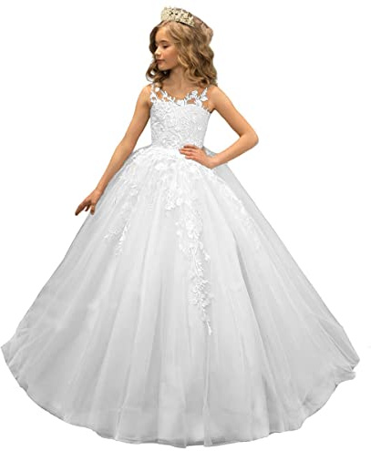 Beyonddress Ragazze Pizzo Fiore Ragazza Abiti per Matrimonio Prima Comunione Abito di Sfera Bambini Pageant Abiti, bianco, 8 anni