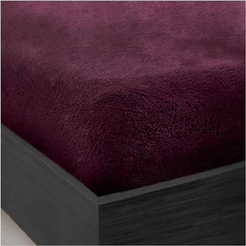 LIZZIE JACOBS Teddy-Sherpa-Fleece-Spannbetttuch, thermisch, superweich, warm, gemütlich, luxuriös, einfarbig, Teddybär-Fleece-Bettlaken (Aubergine, Einzelbett)