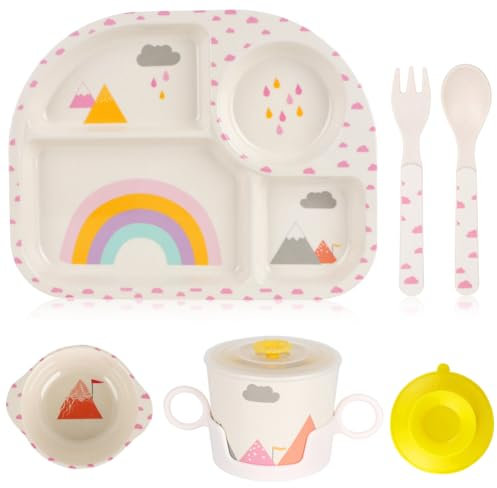 RANJIMA Kindergeschirr Set, 5-teiliges Geschirr Set mit Saugnapf, Kinderschüssel mit Saugnapf, Baby Menü Tablett, ohne Melamin, BPA-frei, Teller,Becher mit Deckel, Löffel, Gabel (Regenbogen)
