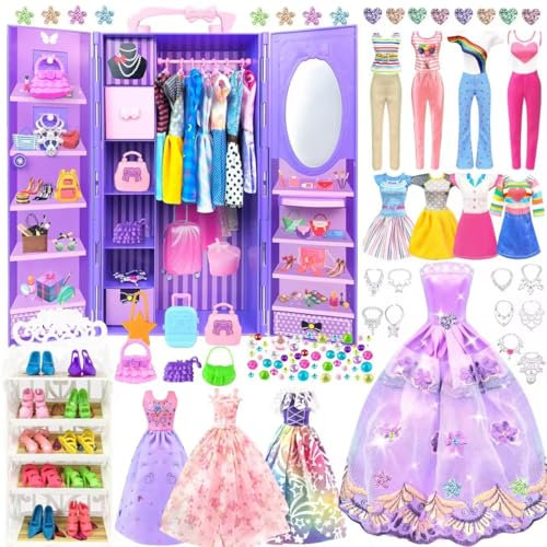 75 Kleidung für Puppen kleiderschrank Kleidung Schmuck Zubehör für 11,5 Zoll Puppe Mädchen Puppe Kleider mit Hochzeitskleid Oberteile Hosen Schuhe Kleiderbügel Taschen Geschenk Spielzeug für Mädchen