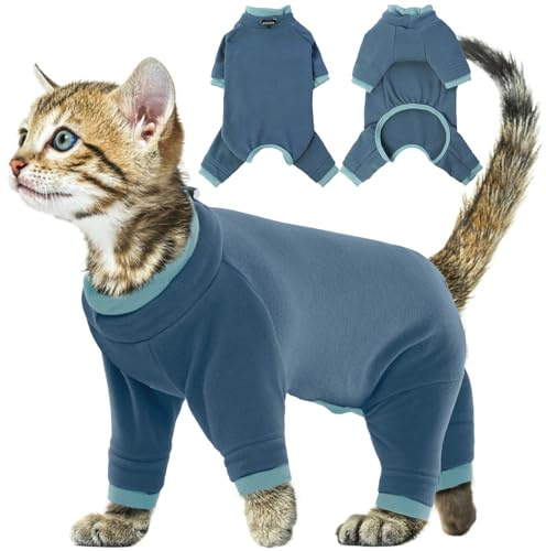 Pull en polaire confortable pour chaton – Pyjama collant pour chaton – Vêtement pour éviter la perte de poils – Tenue chirurgicale à col roulé – Vêtements après chirurgie (bleu-gris, taille XS)