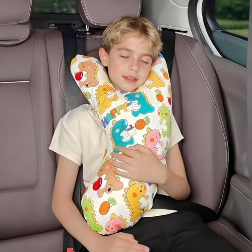 SIQITECHUK Oreiller de sommeil de voiture en forme de Y pour enfants - Appuie-tête de voiture doux - Pour longs trajets dans le siège de voiture - Oreiller de voyage confortable en avion avec ceinture