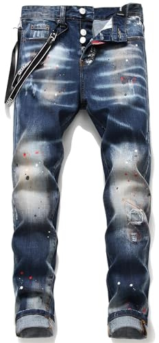 Kdtoll Jeans Uomo Slim Fit Strappati - Pantaloni in Denim Elasticizzati Stile Streetwear Y2K, Disegno a Spruzzo D'inchiostro, Design Casual alla Moda per Tutte Le Occasioni