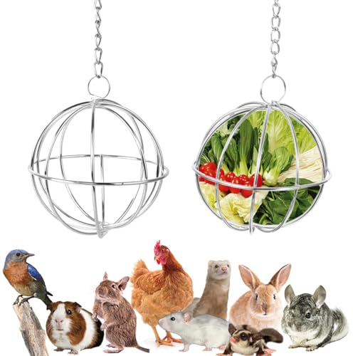 Norhogo Lot de 2 boules de nourriture en acier inoxydable avec crochets de suspension - Balle de foin à suspendre pour cochons d'Inde, hamsters, lapins, rongeurs - 8 cm
