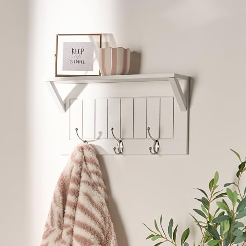 OHS Coat Rack Wall Mounted, Coat Hooks with Shelf and 3 Hooks Wooden Floating Shelves Display Shelf Key Holder Clothes Rail for Entryway Bedroom Bathroom, White