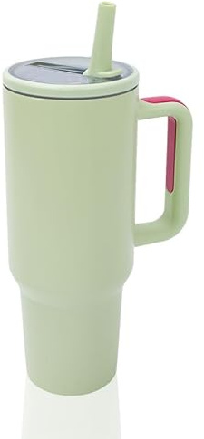 Y·J&H 40oz (1200ml) Travel Tumbler Double Wall Vacuum Insulated Coffee Mug Stainless Steel Coffee Cup with Handle and Flip Straw, BPA Free - Grass Green