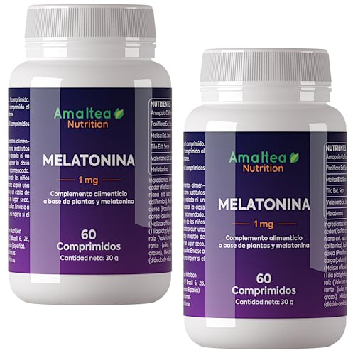 PACK de 2 - Melatonina 1mg con Pasiflora, Amapola Californiana, Melisa, Tila y Valeriana - 120 Comprimidos: 4 Meses de Suministro - Melatonina para Dormir Mejor y Descansar Más - Amaltea Nutrition