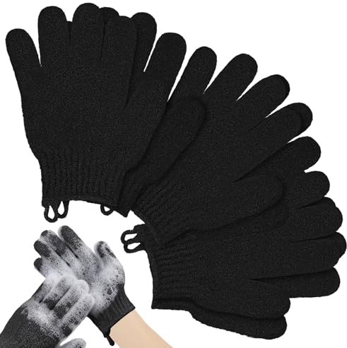 AYBUY 6 Pezzi Guanti Esfolianti, Guanto Scrub Corpo per Uomo e Donna, guanti da massaggio peeling per Doccia, Spa, Massaggi E Rimozione Delle Morte（Nero)