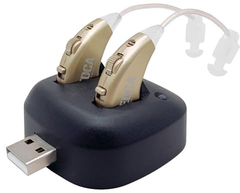 Digital Hearing Amplifiers - Rechargeable BTE Personal Sound Amplifier Pair with USB Dock - Premium Gold Behind the Ear Sound Amplification - by NewEar