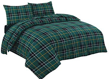 NZ Tartan Check Luxurious Flannel 100% Natural Brushed Cotton Thermal Duvet Cover Sets Reversible Bedding Sets (Green, 3 pieces, King)