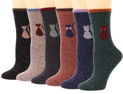 WYMAODAN Chaussettes en laine pour femmes, chaussettes pour chat romanes et mignonnes adaptées aux femmes et aux filles (6paires)