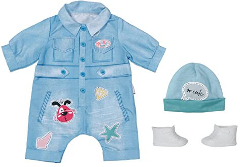 BABY born 832592 Deluxe Jeans Overall 43cm - Puppenkleidung Set bestehend aus Puppen - Onesie, Mütze und Puppenschuhen in blau und weiß.