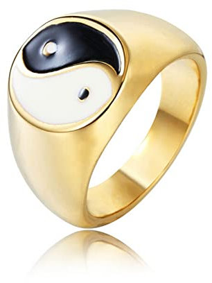 Edelstahlring für Männer, Männen Ring Ringe Gold Tai Chi Yin Yang Ring Größe 57 (18.1)