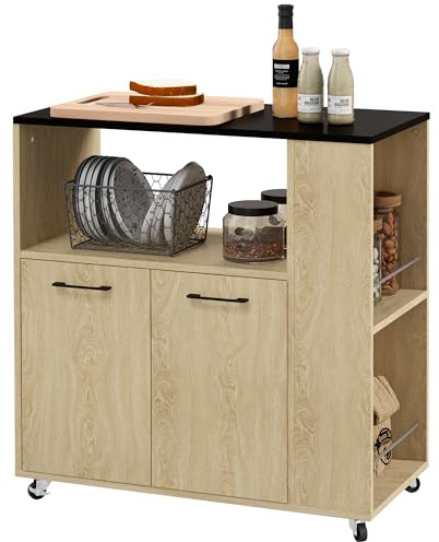 HOMCOM Carrello Cucina con Ripiano Aperto, Armadietto a 2 Ante e Scaffale Laterale a 2 Livelli, Carrello Multiuso con Ripiano Regolabile in Legno, 75x40x80.5 cm, Color Rovere e Nero
