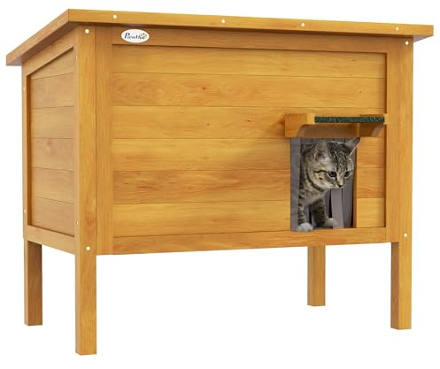 PawHut Maison pour Chats Niche d'extérieur en Bois surélevée avec Toit ouvrable, isolée avec Toit Asphalte, 85 x 50 x 68,5 cm, Naturel et Vert