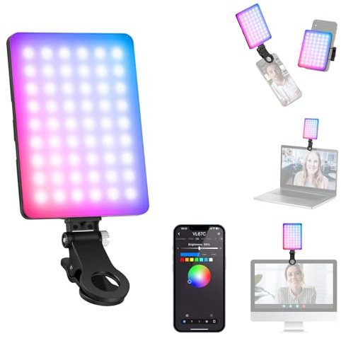 NEEWER VL67C RGB Luz Selfie con App Control, 94 LED CRI97 2000mAh Recargable, Cold Shoe Mount como Panel de Iluminación, Clip Portátil Delantero y Trasero Móvil para TikTok, Foco de Videoconferencia
