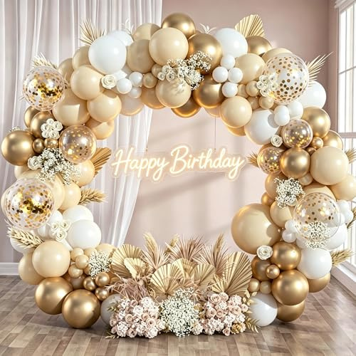QIFU White and Gold Balloons Arch Kit - 102pcs Gold White Balloon Arch | Cream Beige Balloons Baby Shower Balloons for Baby Decorations, Bride To Be, Wedding Engagement, Birthday Party Decoration