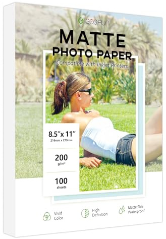 100 Sheets Matte Photo Paper 8.5x11, Goefun 200GSM/54LB Inkjet Printer Paper for Dye Ink and Pigment Ink