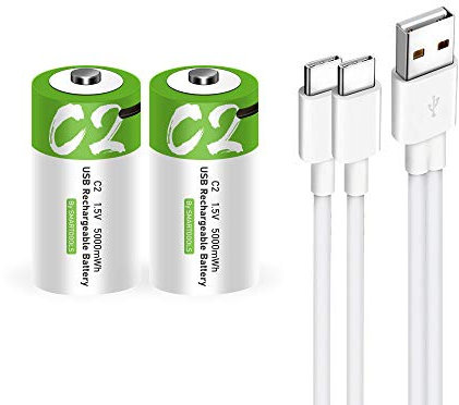 USB C Lithium Ionen Aufladbare Akkus, 1.5V 5000mWh wiederaufladbare batterien C Akku, 2H Stunden Schnellladung, 1200 Zyklen mit Typ C Ladekabel, Überladeschutz, 2er-Pack