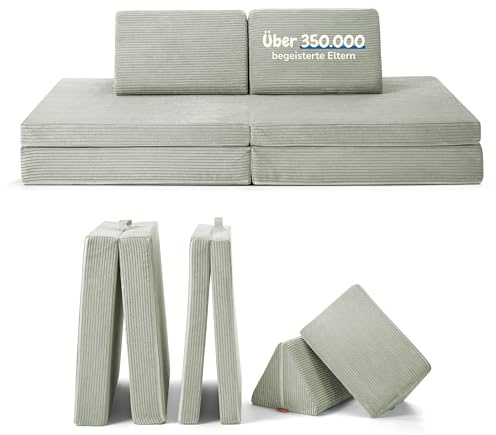 Funzy Spielsofa für Kinder - Das Original für kreatives Spielen, Modulare Spielcouch, Waschbarer Bezug, Robust und Langlebig, TÜV und Oeko-TEX 100 Zertifiziert mit 3 Jahren Garantie, Salbei Grün