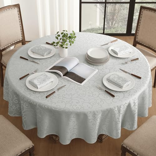 Romanstile Round Tablecloth 160 cm Grey Washable Stain Protection Water-Repellent Damask Jacquard Tendril Tablecloths Table Cloth for Party, Birthday, Hotel, Restaurant, Bar, New Year's Eve