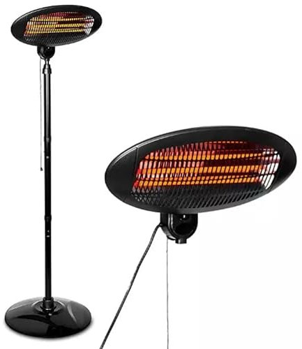 2KW Electric Patio Heater – Outdoor Free Standing Quartz Heater with Adjustable Height & Head Angle, 3 Heat Settings, Waterproof IP34, Tip-Over Safety Switch – Garden, Terrace, Gazebo, Garage