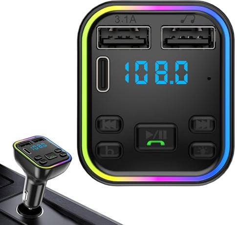 Auto Mp3 Player FM-sändare - Bil FM-MP3-sändare, bilradiosändare | trådlösa färgglada lampor 5.0 radiomottagare med U-diskuttag för Duaal USB-laddare handsamtal gratis (Bl