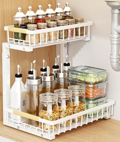 diceevil 2 Niveles Organizador Fregadero, Metal Deslizantes Organizador Fregadero Armario, Estantería bajo Fregadero, Baño, Cocina (Blanco)