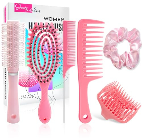 Hair Brush Styling Set for Women Men, Detangle Hairbrush for Curly, Round Brush, Scalp Massager Shampoo Brush, Wide Tooth Rat Tail Comb and Hair Scrunchie, Hair Brush Set for Wet Dry Curly Hair, Pink